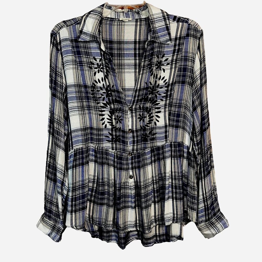 Boho Plaid Embroidered Top S En Crème Anthropologie Cottagecore Lagenlook